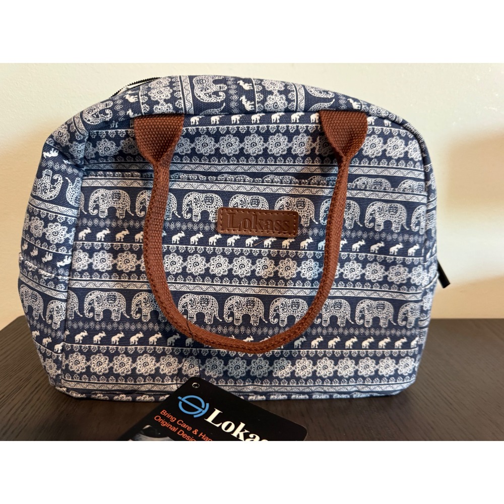Lokass Elephant Print Insulated Lunch Bag Women Medium Navy Blue Thermal Tote